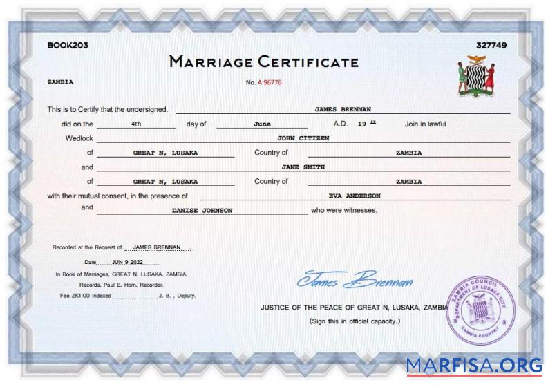 Blank Zambia marriage certificate Word and PDF template